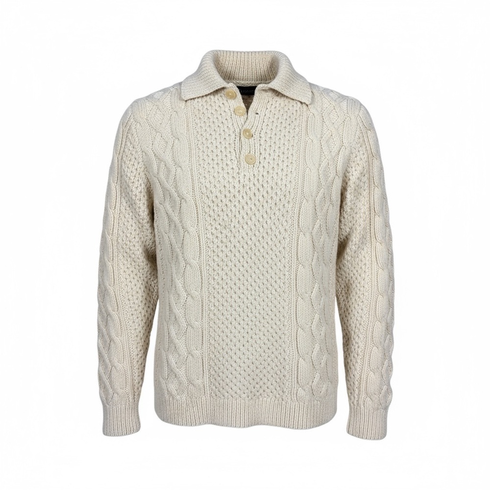 Hand-Knit Aran Fisherman Sweater‎ Men’s Large Cream Wool Blend